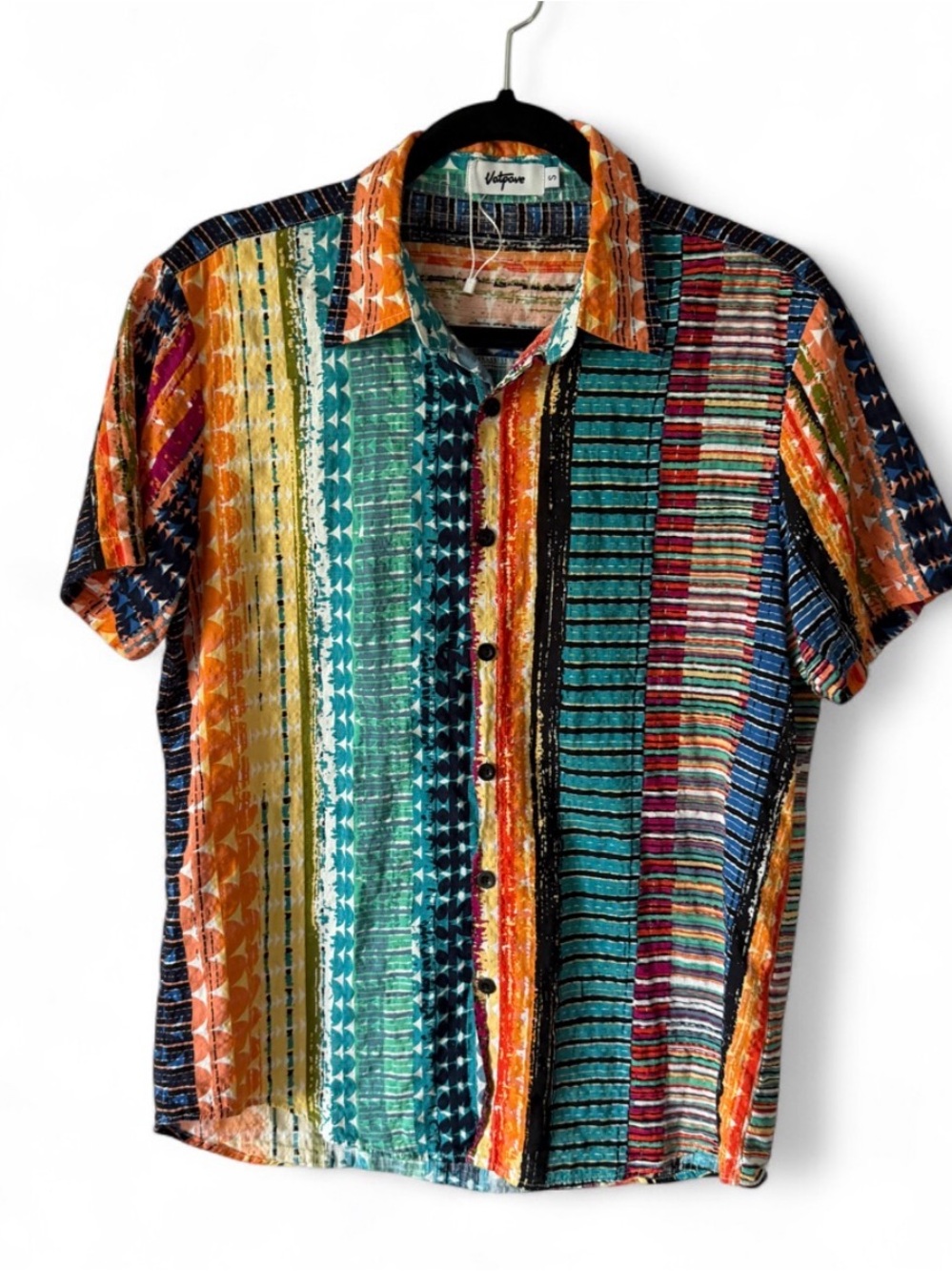 Vatpave Boho Geometric Patchwork Short Sleeve Button Up Shirt Festival Tribal S
